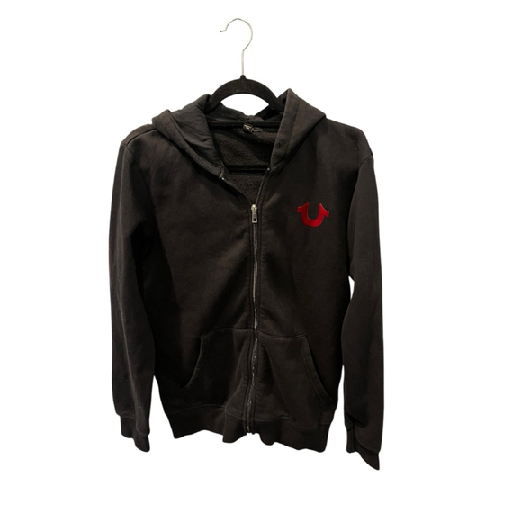 True Religion Graphic Logo Black Red Hoodie Size Medium Casual Full Zip Jacket - Picture 2 of 11